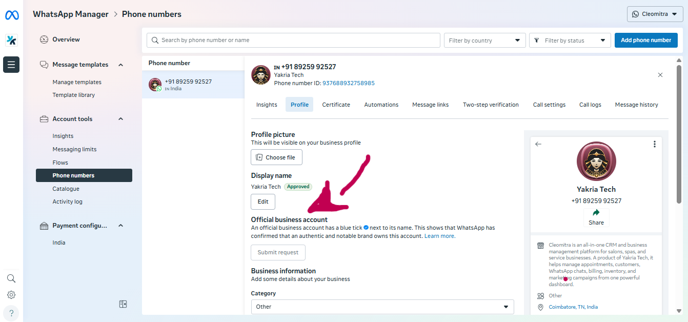 Approve WhatsApp Display Name